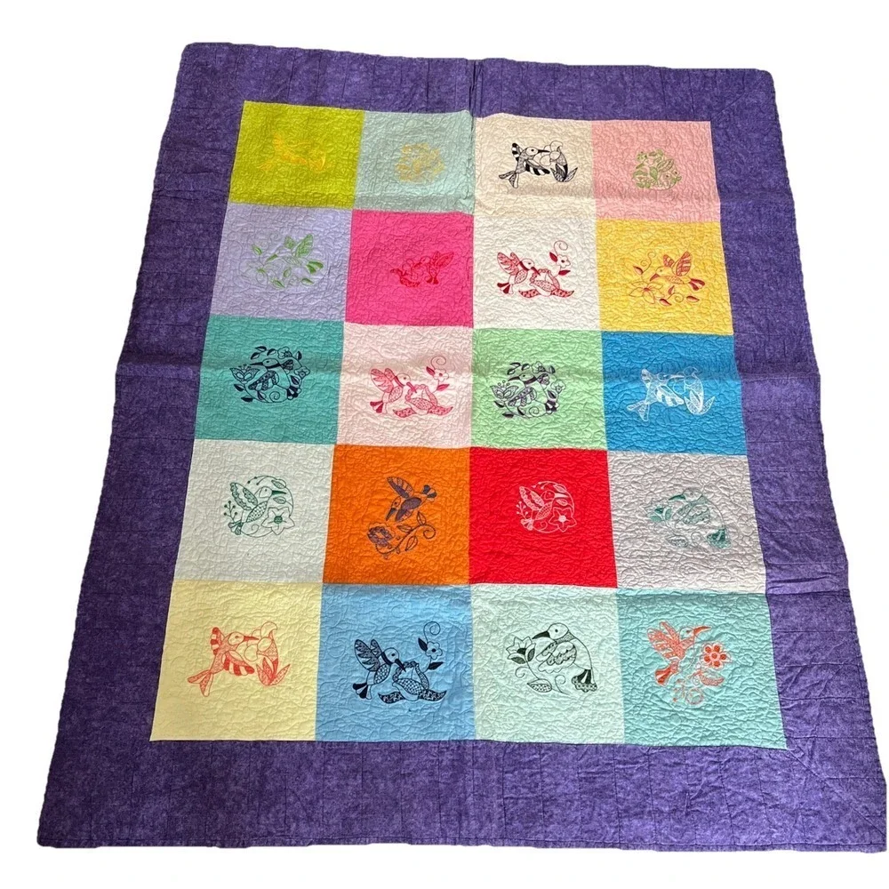 handmade embroidered vintage quilt throw blanket Hummingbirds 53.5